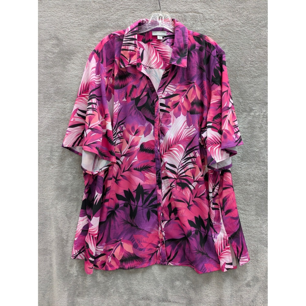 Tropical Button Front Shirt Womens 3X Pink Purple Floral Palm Short Sleeve Top